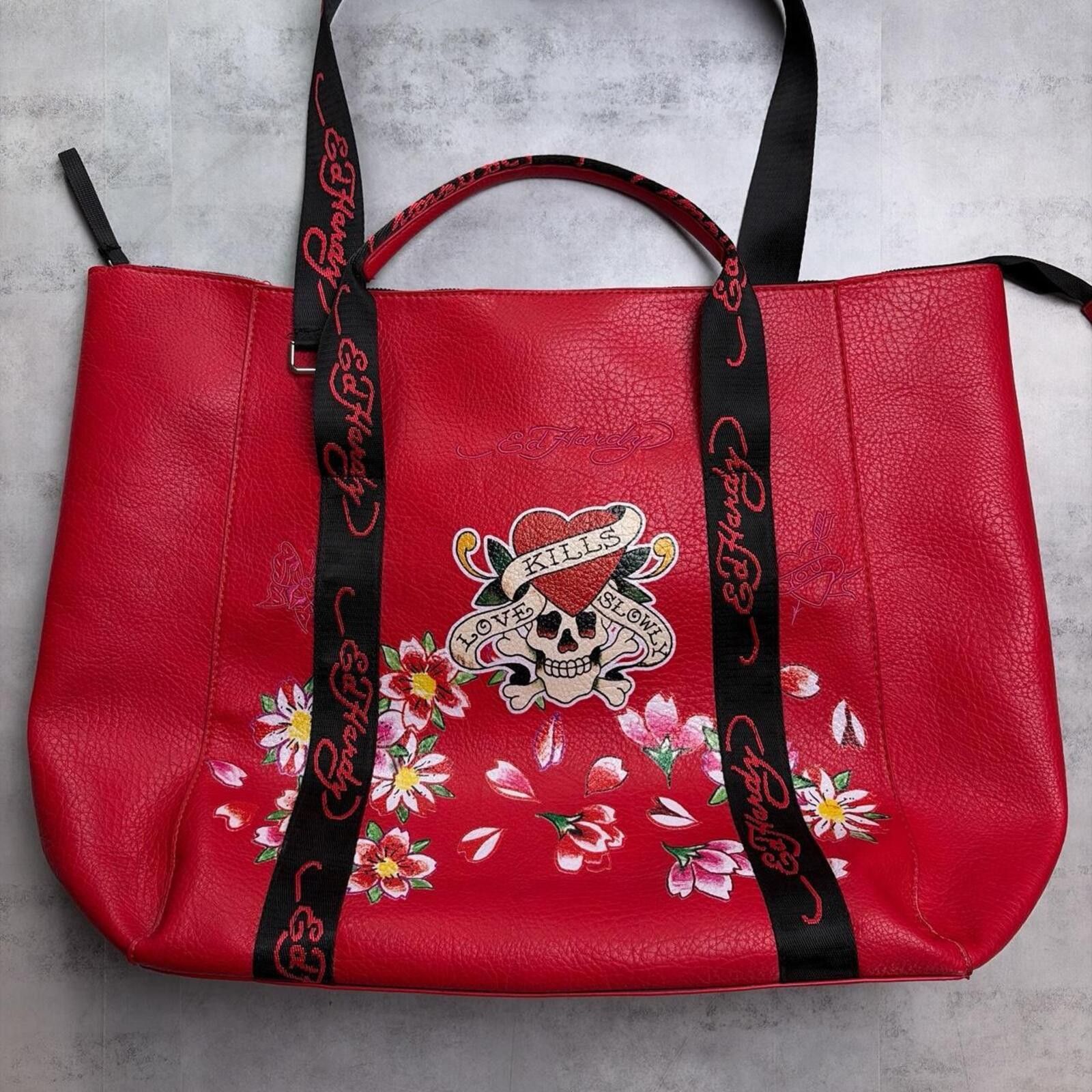 Ed Hardy Y2K Red Ed Hardy Grunge Skull Floral Tote Bag Size ONE SIZE - 3 Thumbnail