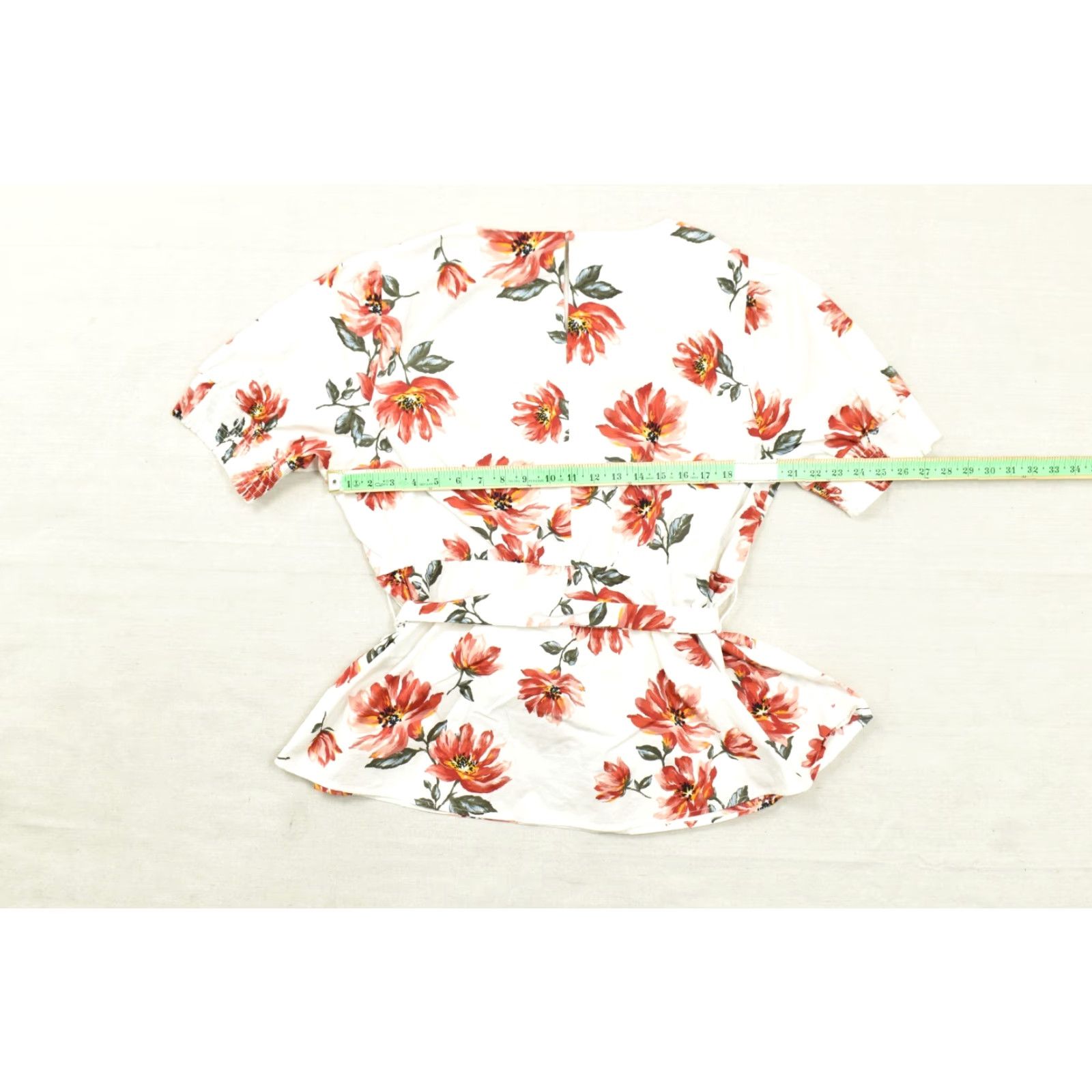 Vintage Lane Bryant Women Size 18 Blouse V-Neck White Floral Belted Peplum Top Cotton Spandex Size XXL / US 16-18 / IT 52-54 - 4 Thumbnail