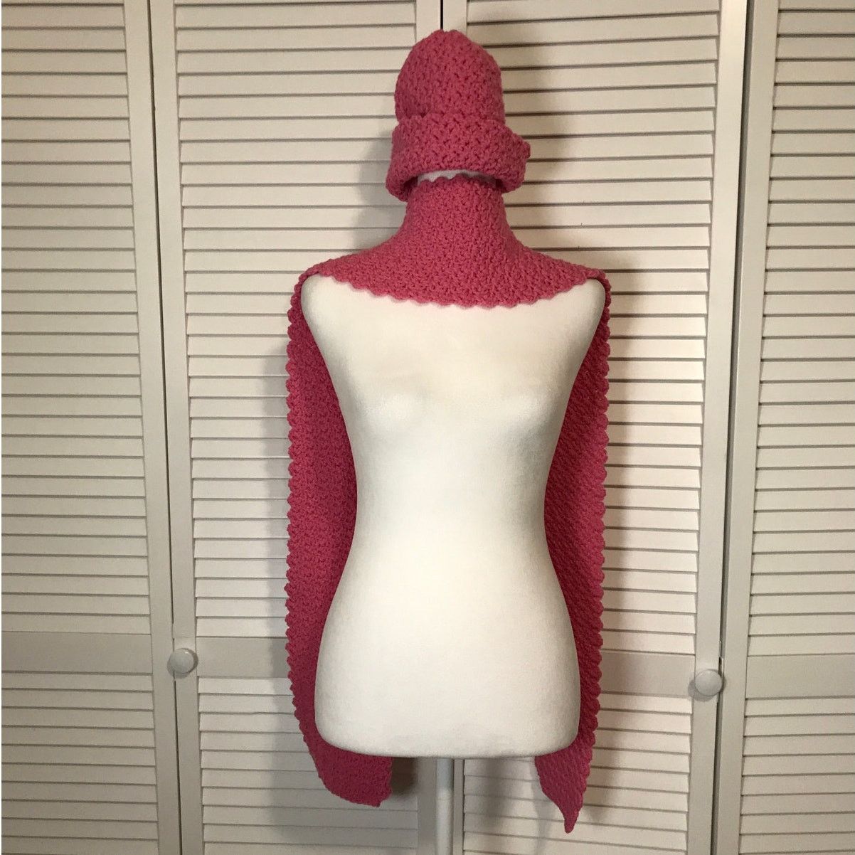 Handmade NWT Handmade Crocheted Pink Textured Beanie Scarf 71” Size ONE SIZE - 3 Thumbnail