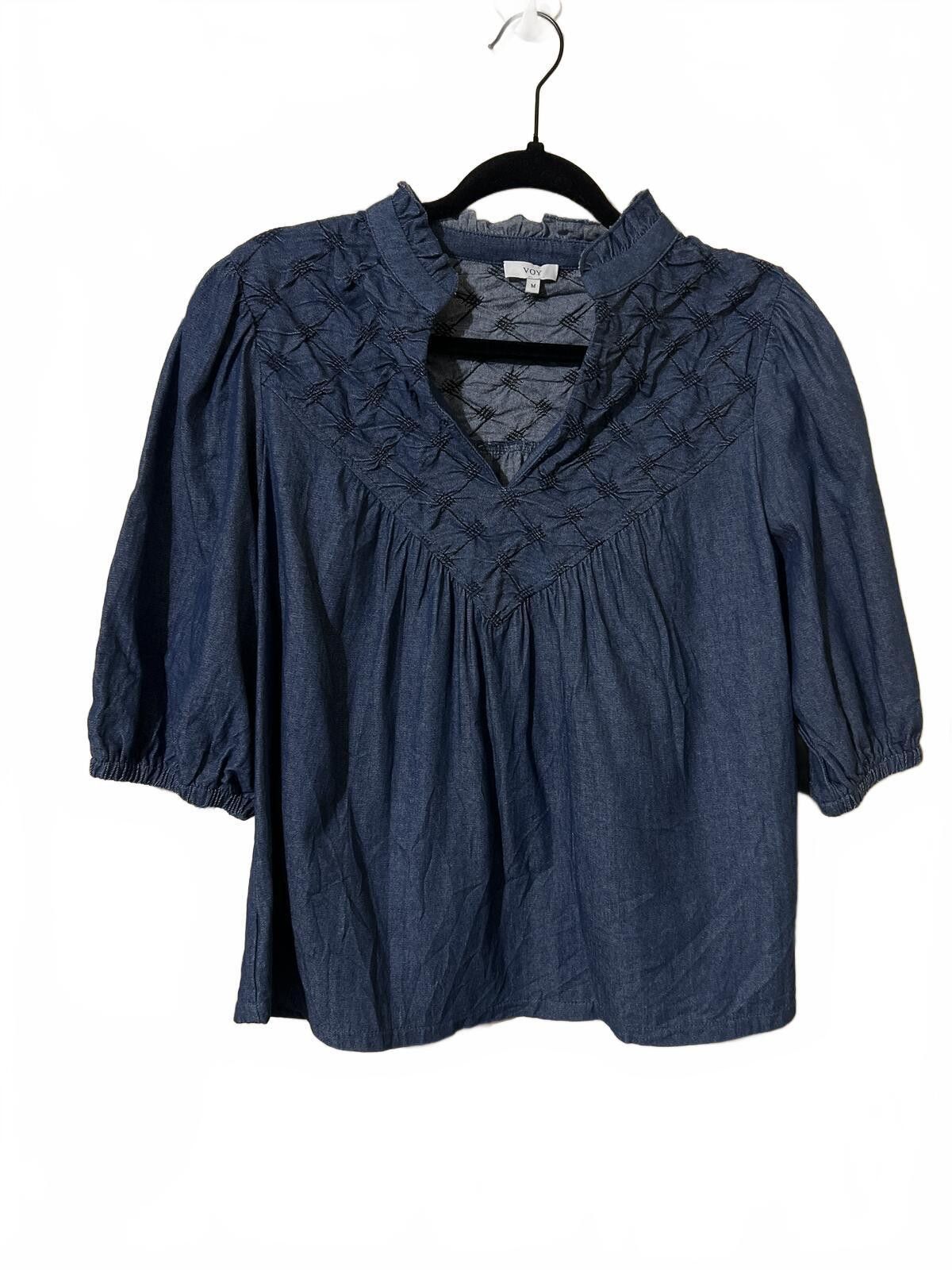 Voyage VOY Blue Embroidered V-Neck Blouse Size M Denim Size M / US 6-8 / IT 42-44 - 2 Thumbnail