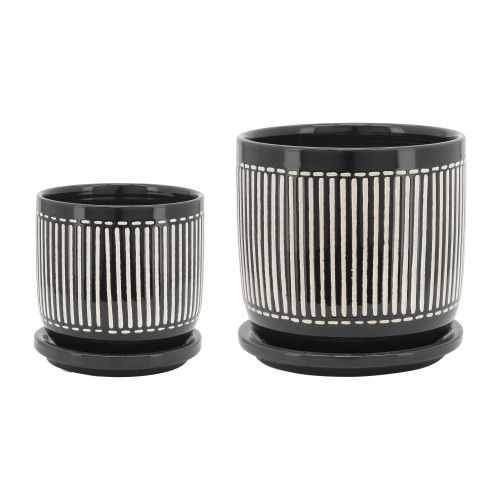 Designer × Homemade S/2 5/6" VERTICAL LINES PLANTER W/ SAUCER, BLACK Size US L / EU 52-54 / 3 - 2 Thumbnail