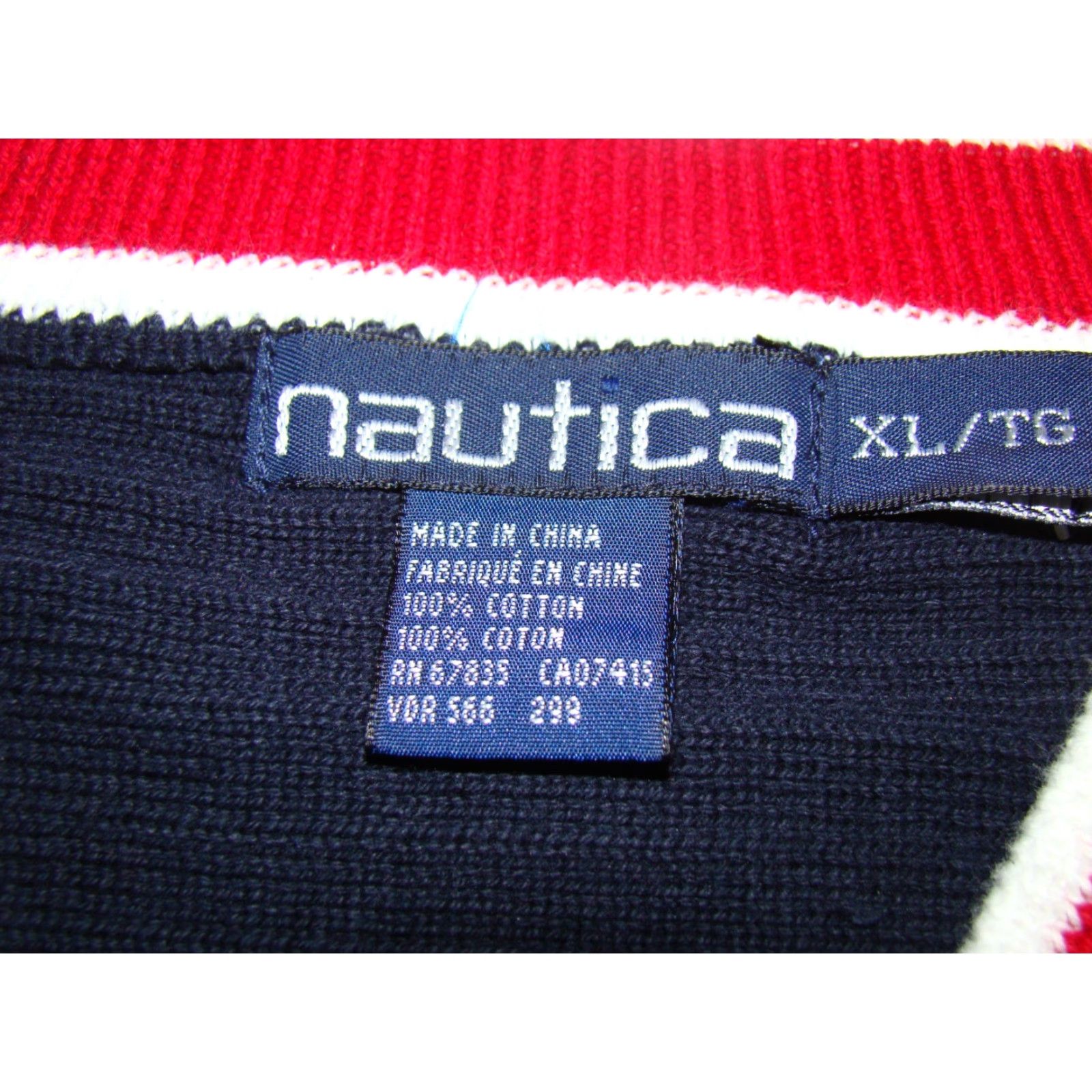 Nautica Nautica Mens XL Horizontal Knit V Neck Red White Blue Striped Sweater Size US XL / EU 56 / 4 - 4 Thumbnail