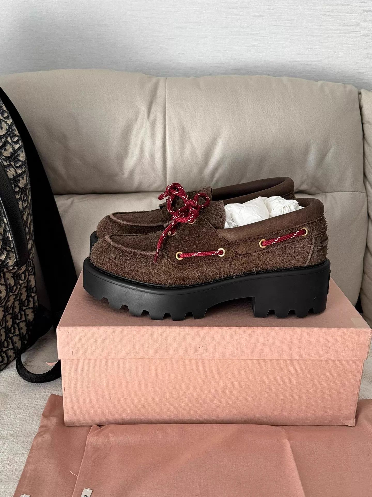 Miu Miu MIU MIU Women's 24FW Brown Suede Lace-up Platform Loafer Size US 8 / IT 38 - 1 Thumbnail