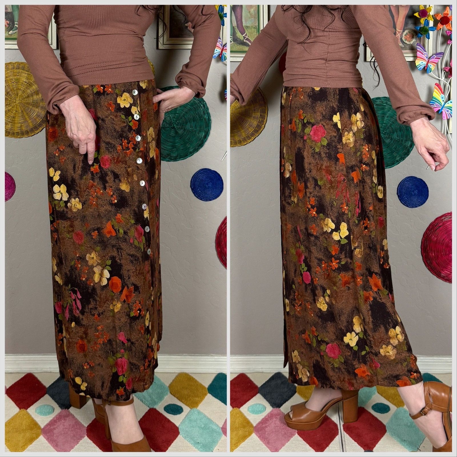 Vintage Vintage 1990s Autumnal Floral Button Front Midi Skirt Size 30" / US 8 / IT 44 - 2 Thumbnail