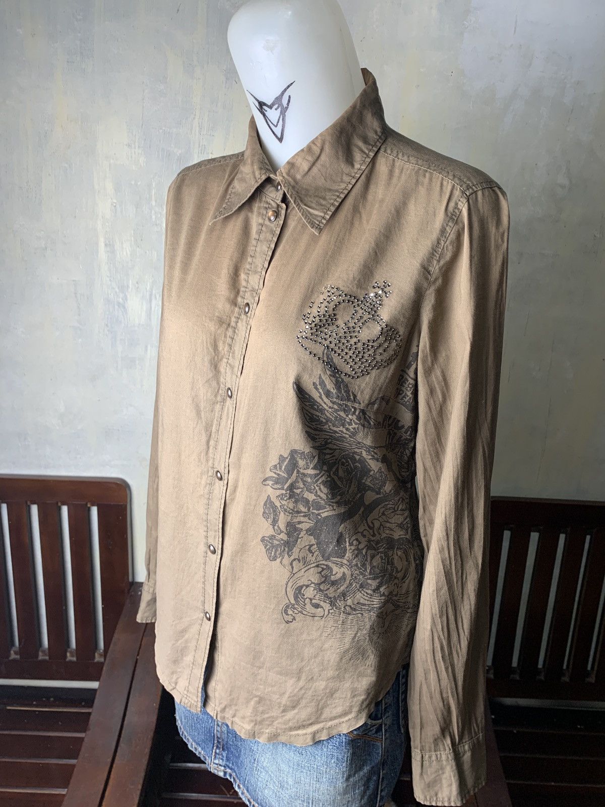 Esprit y2k Esprit Army Green Grunge Graphic Snap Button Shirt Size M / US 6-8 / IT 42-44 - 2 Thumbnail
