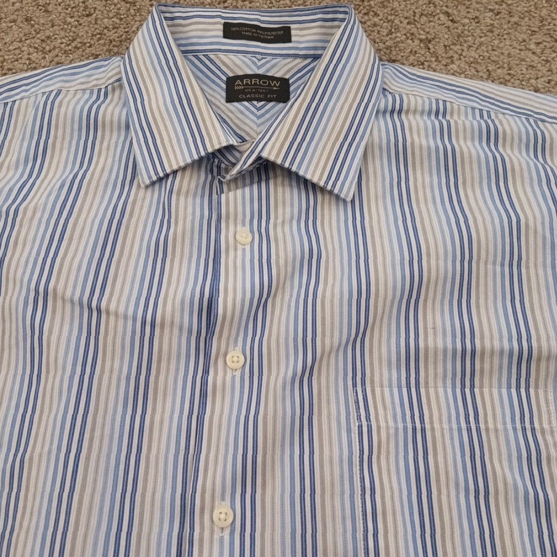 Arrow Arrow Shirt Mens 17.5 Blue Gray Striped Long Sleeve Button-Up Cotton Blend Collar Point Chest Pocket Regular Mens Size US XXL / EU 58 / 5 - 2 Thumbnail