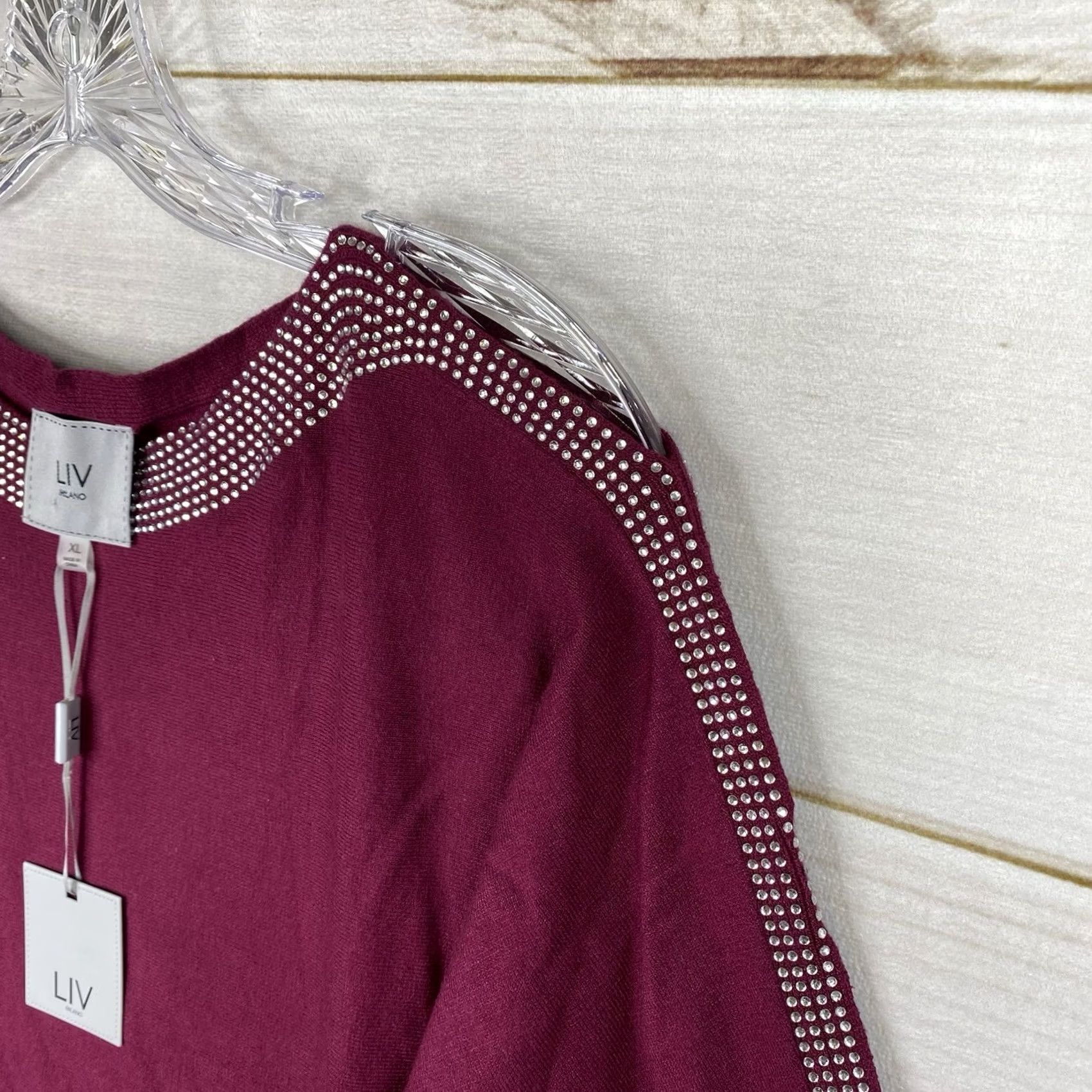 Vintage VINTAGE? LIV Milano Women’s Sweater XL Burgundy Silver Rhinestones Dolman Sleeve NWT Size XL / US 12-14 / IT 48-50 - 3 Thumbnail
