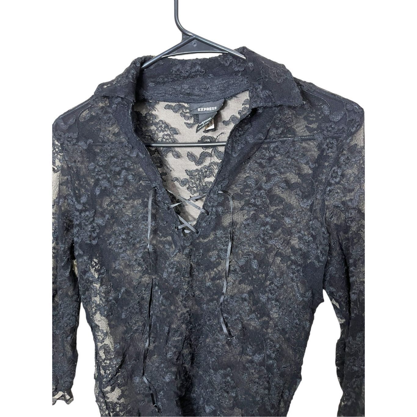 Express Express Y2K Black Lace Sheer Lace Up Top Size M Size M / US 6-8 / IT 42-44 - 2 Thumbnail