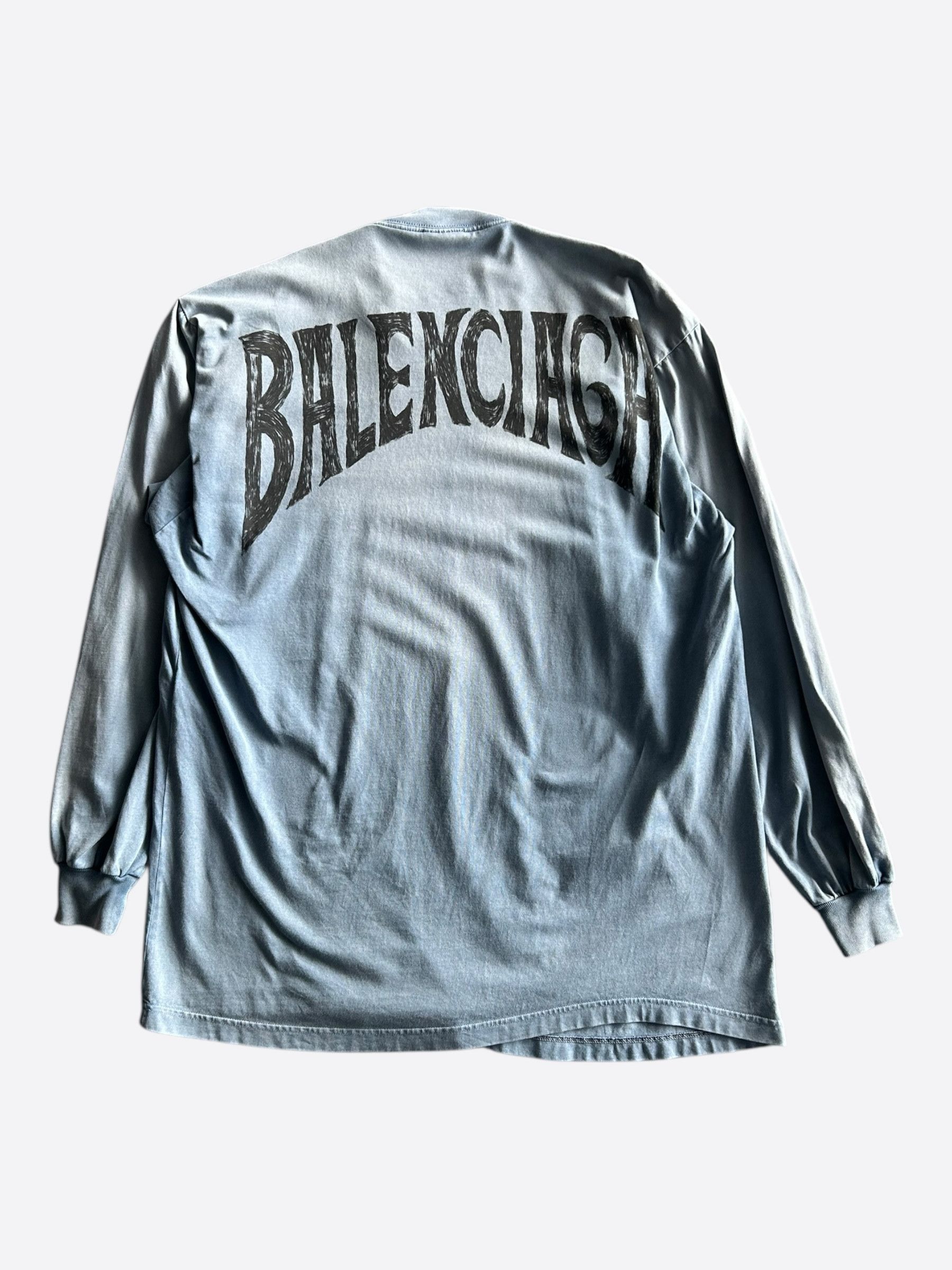 Balenciaga Faded Blue & Black Hand-Drawn Logo Longsleeve T-Shirt Size US XXL / EU 58 / 5 - 1 Thumbnail
