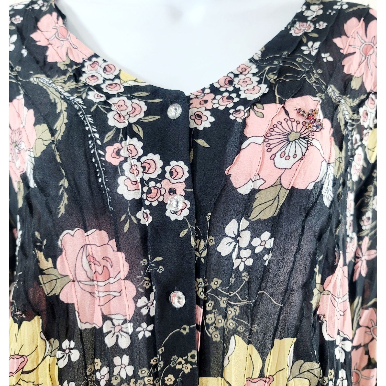 Other Violet & Claire Black Pink Floral Button Pleated Top PL Size L / US 10 / IT 46 - 7 Thumbnail