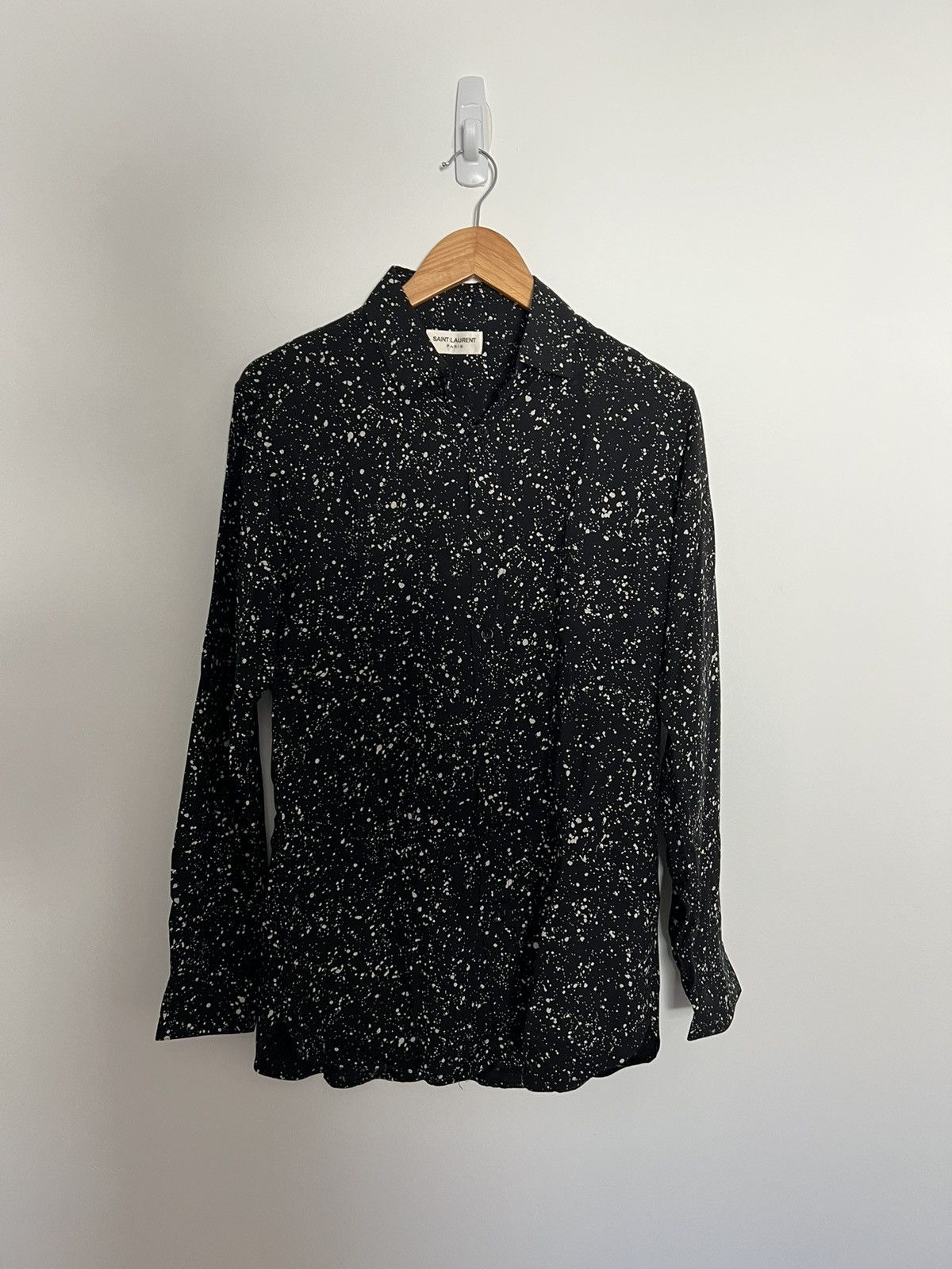image of Saint Laurent Paris Paint Splatter Hedi Shirt in Black, Men's (Size Medium)