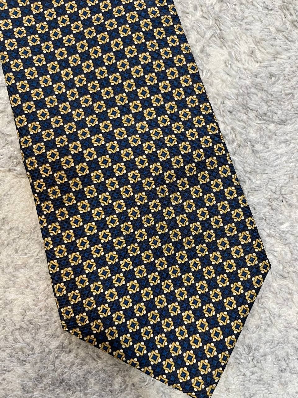 Bally Bally 100% Silk Tie Blue Gold Geometric Pattern Luxury Size ONE SIZE - 4 Thumbnail