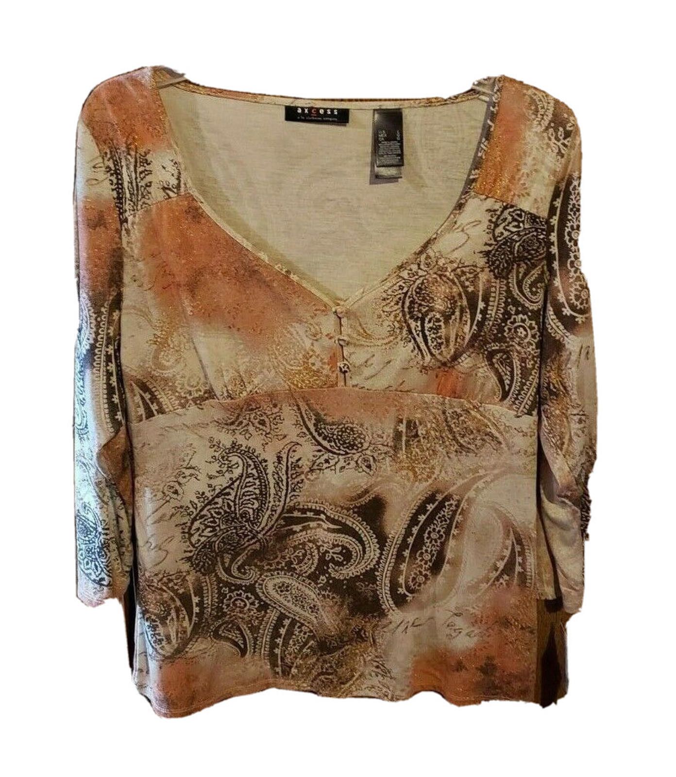 Other Axcess Brown Geometric Pullover Blouse. 3/4 Sleeves. Large Size L / US 10 / IT 46 - 1 Thumbnail