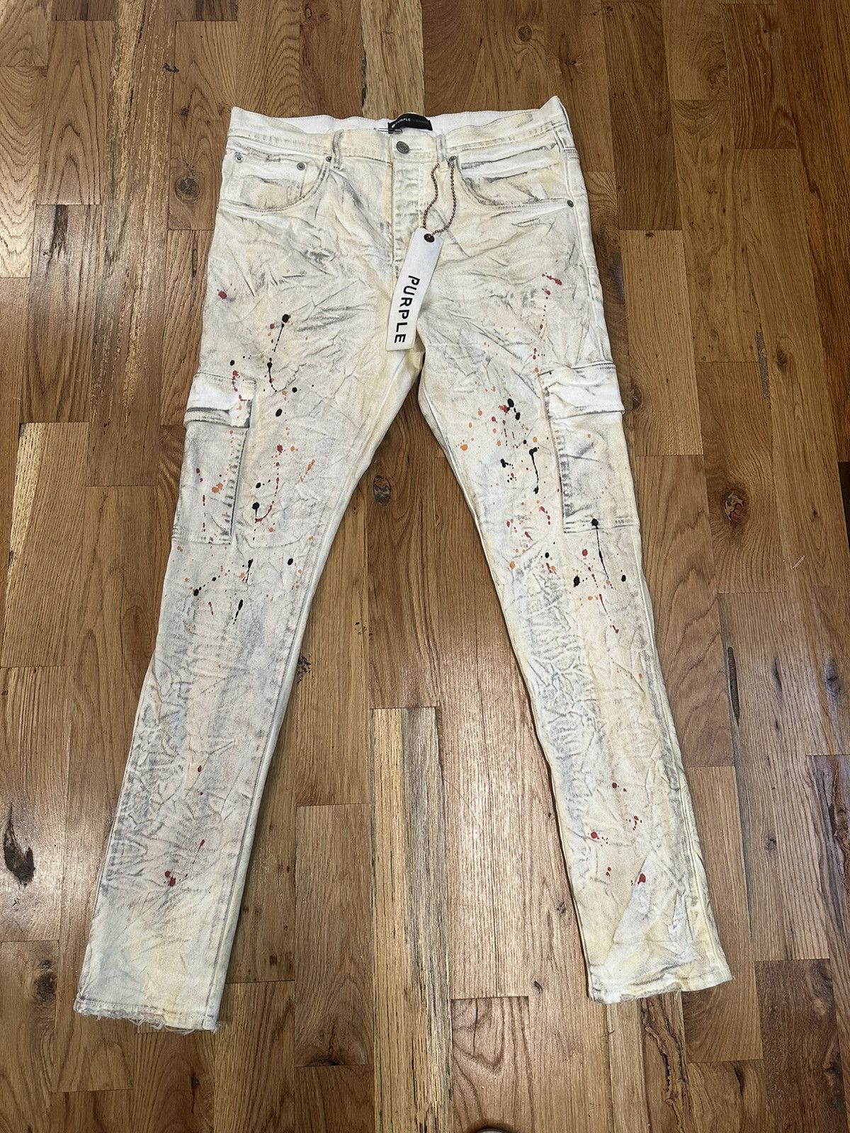 image of Purple Brand Paint Splatter White Distressed Jeans Size 33, Men's