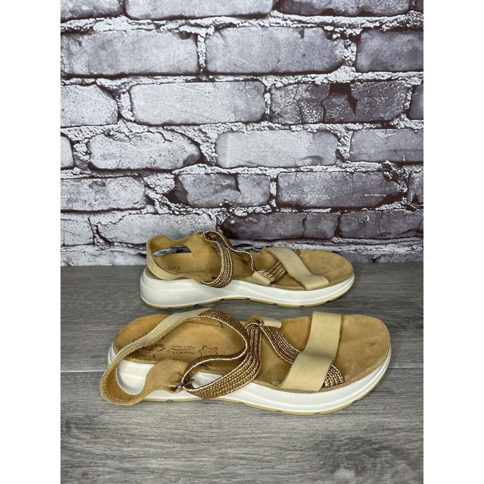 Other Fantasy Sandals Tan Nubuck Fabric Cross Strap Wedge Flex Sol Size US 8.5 / IT 38.5 - 13 Thumbnail