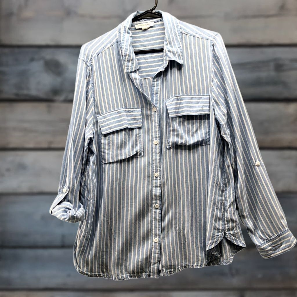 Vintage beachlunchlounge Shirt Womens M Blue White Striped Roll Tab Lyocell Button Down Size M / US 6-8 / IT 42-44 - 1 Thumbnail