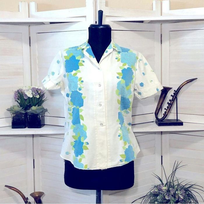 70s Blue & White Geometric Print Short Sleeve Shirt M L