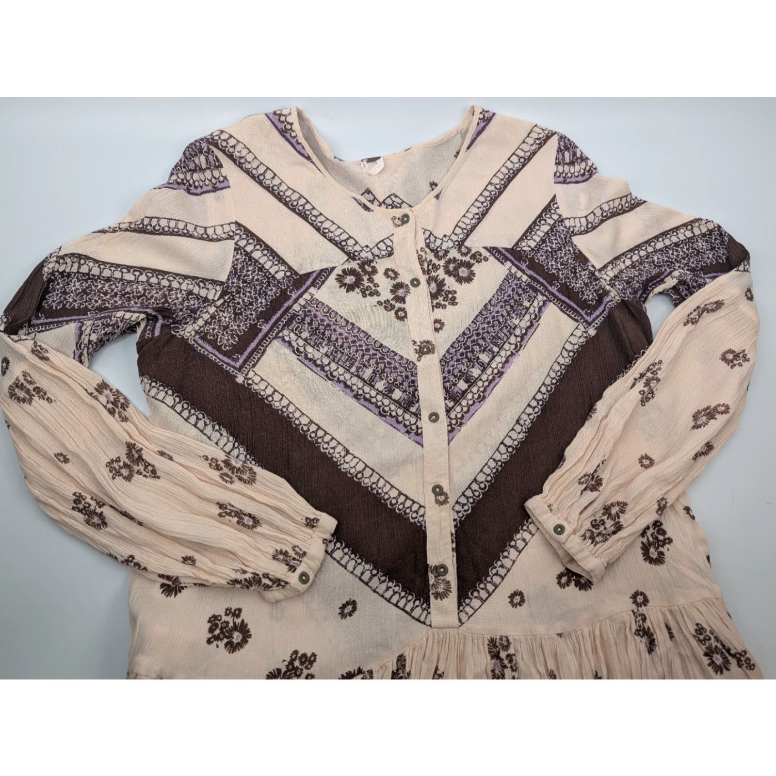 Free People Free People Printed Rayon Gauze From Your Heart Beige Boho Dress S Small Brown A-Line Womens Short Sleeve Size S / US 4 / IT 40 - 2 Thumbnail