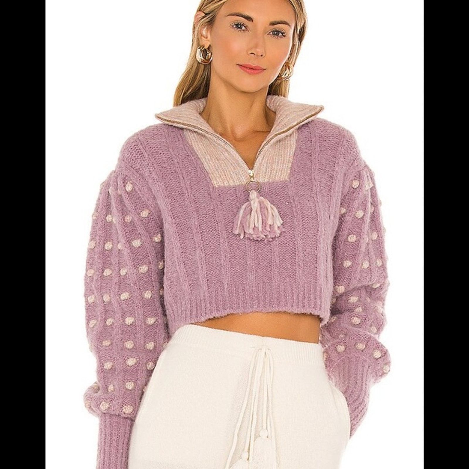 LoveShackFancy LoveShackFancy Jonae Cropped Mock Zip Sweater - XS - Purple Size XS / US 0-2 / IT 36-38 - 1 Thumbnail