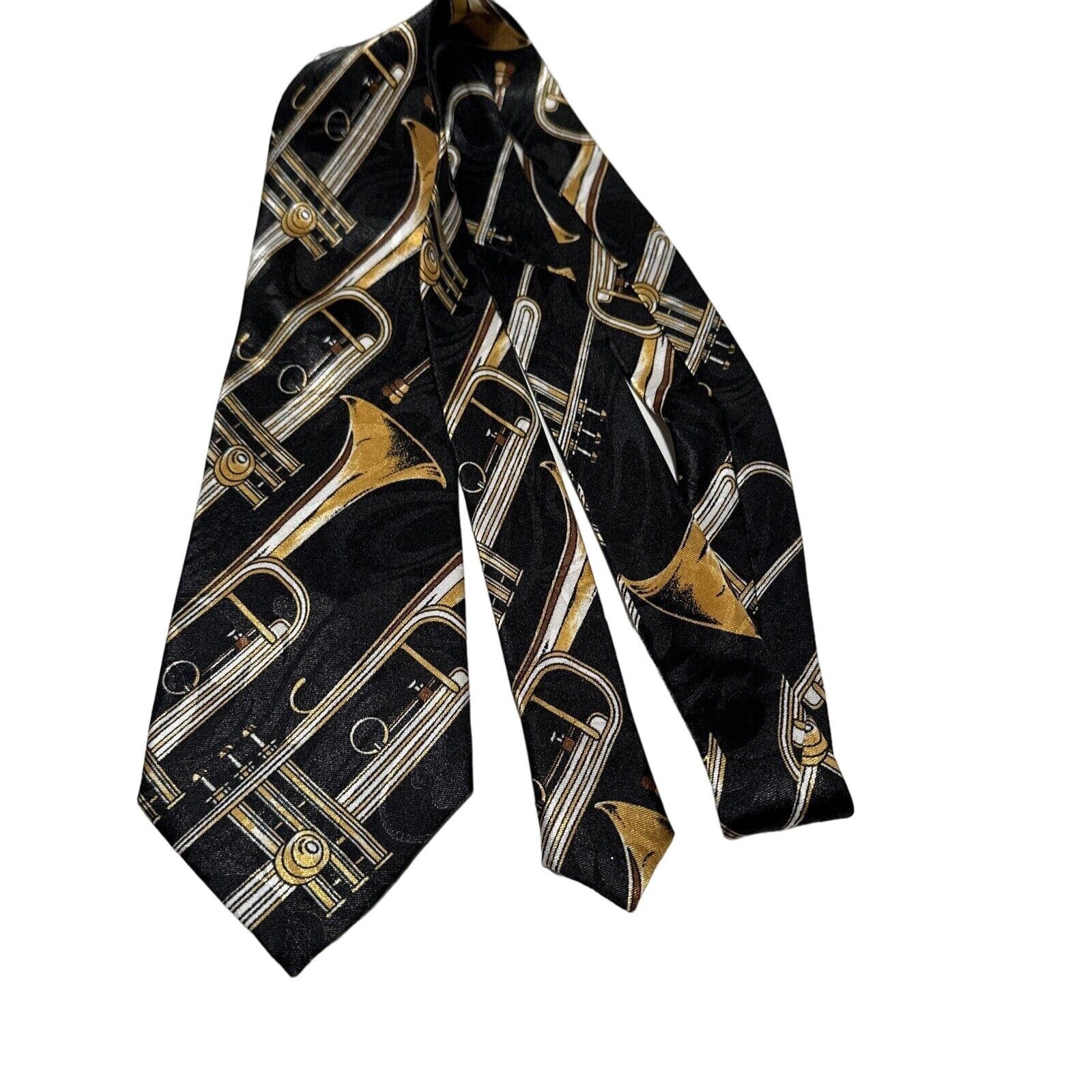 Steve Madden Steven Harris Handmade Tie Black W/Brass Trumpets Band Music Size ONE SIZE - 2 Thumbnail