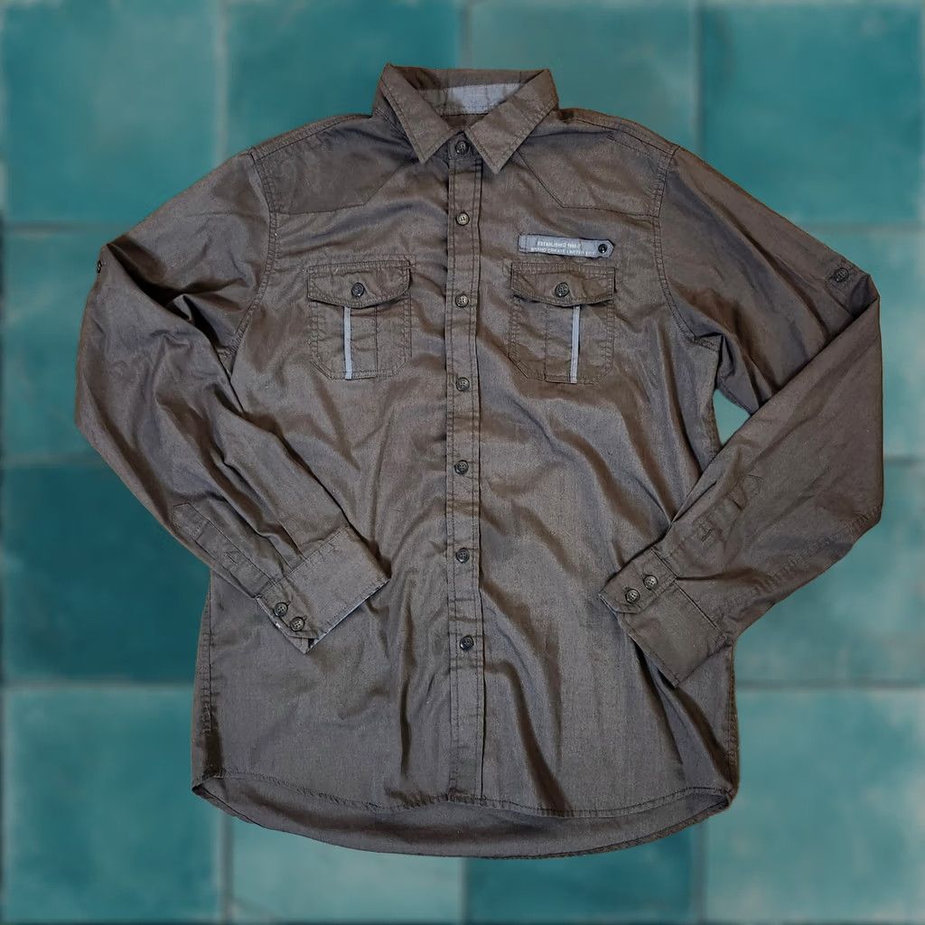 Vintage LR Scoop New York Men's Gray Blue Pocket Long Sleeve Button Up Dress Shirt L Size Gray Cotton Polyester Shirt Men موقع? Size 42R - 1 Thumbnail