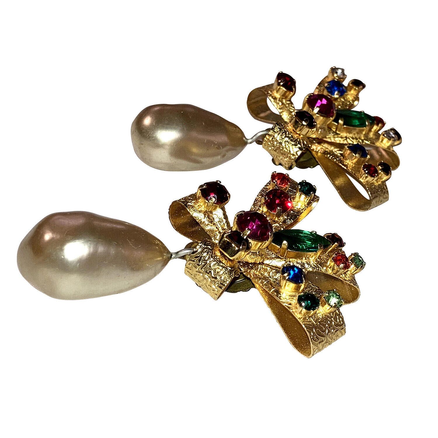 Designer Haute Couture Gold Bow Rhinestone Simulated Pearl Earrings Size ONE SIZE - 3 Thumbnail