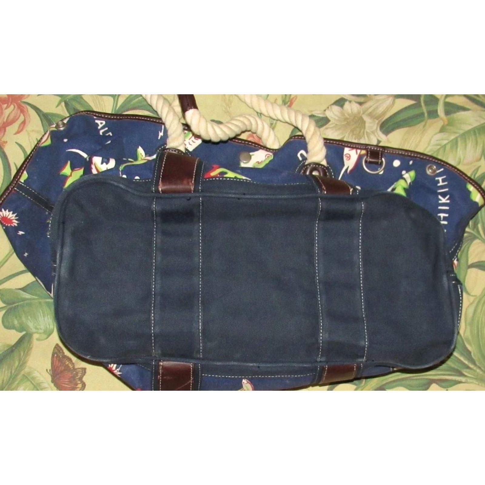 Vintage Vtg J CREW Canvas Leather Trim Tropical Beach Tote Bag Women Blue Cotton Tote Size ONE SIZE - 3 Thumbnail