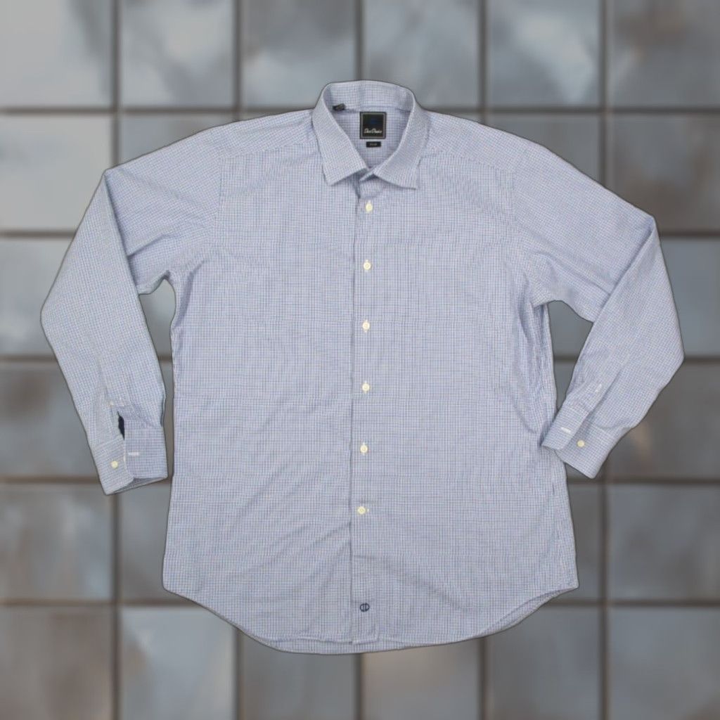 David Donahue David Donahue Mens 17.5 34 Trim Fit Blue Check Dress Shirt Long Sleeve Button Up Cotton Size 34R - 1 Thumbnail