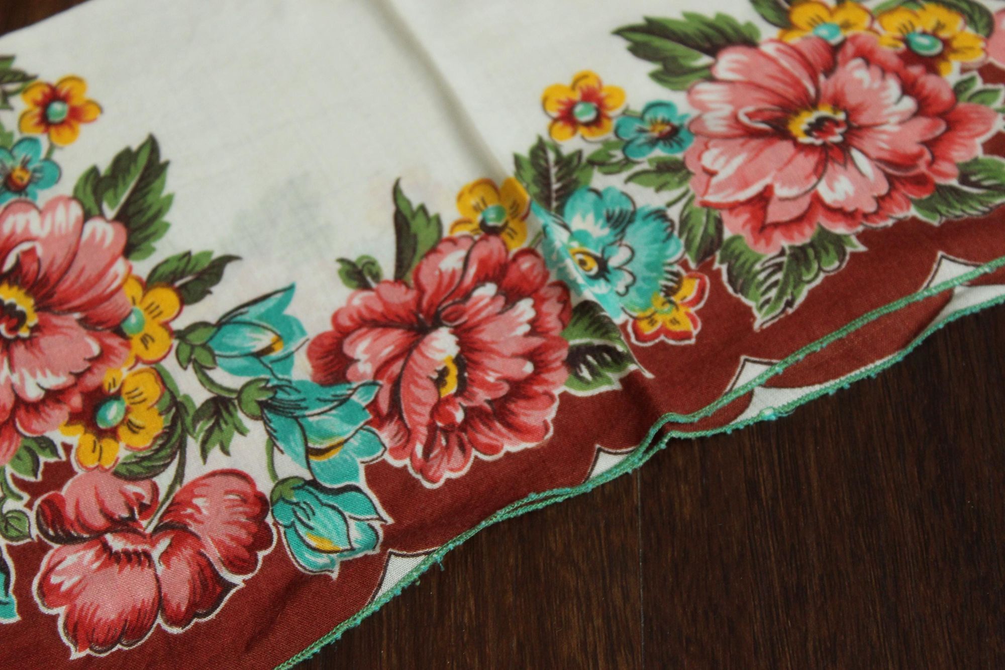 Vintage Vintage Handkerchief, Brown and Teal Wildflower Floral Print Size ONE SIZE - 4 Thumbnail