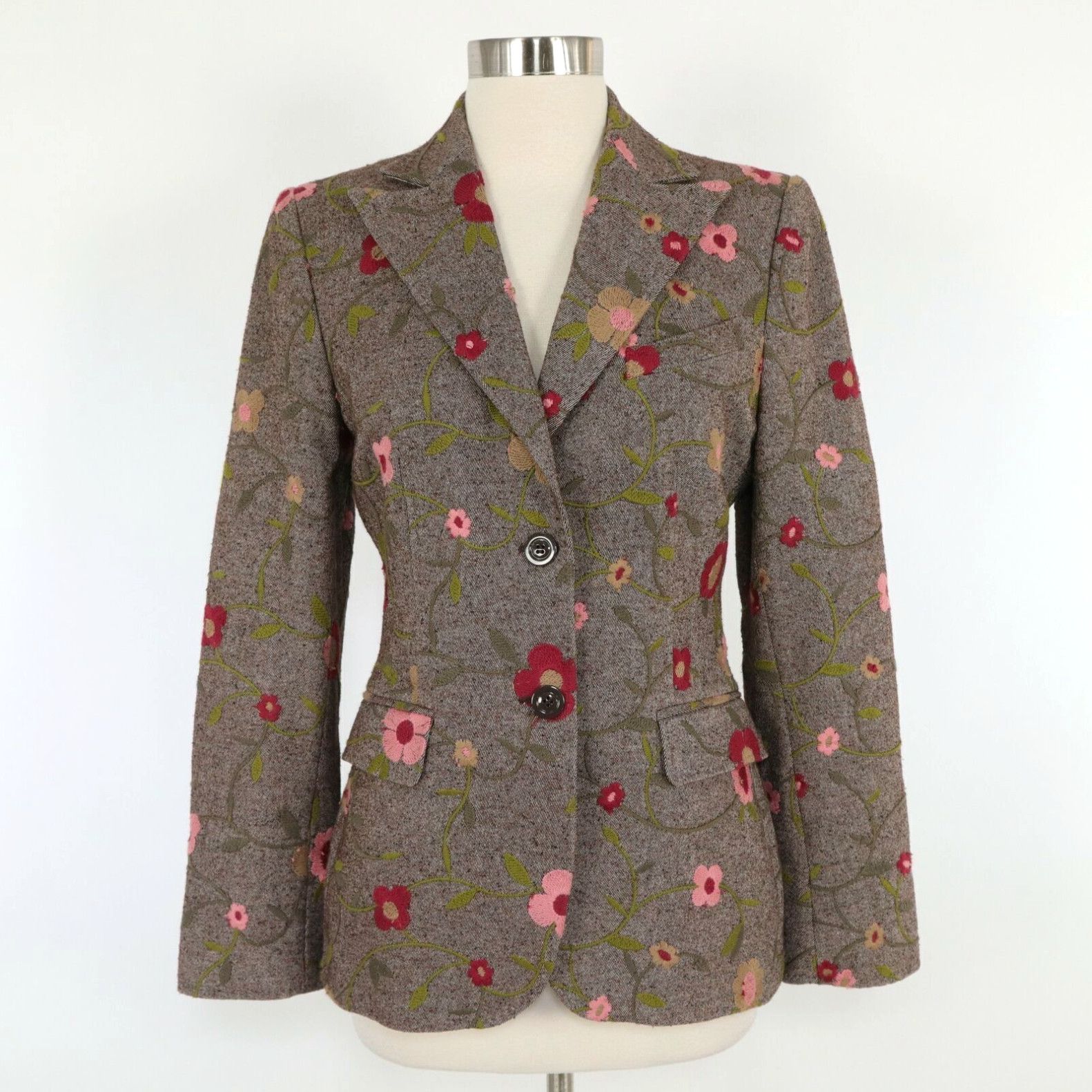 image of Vintage Fuentecapala Blazer Jacket Womens Us2/4 It40 Wool Tweed Floral Embroidered Brown in White (