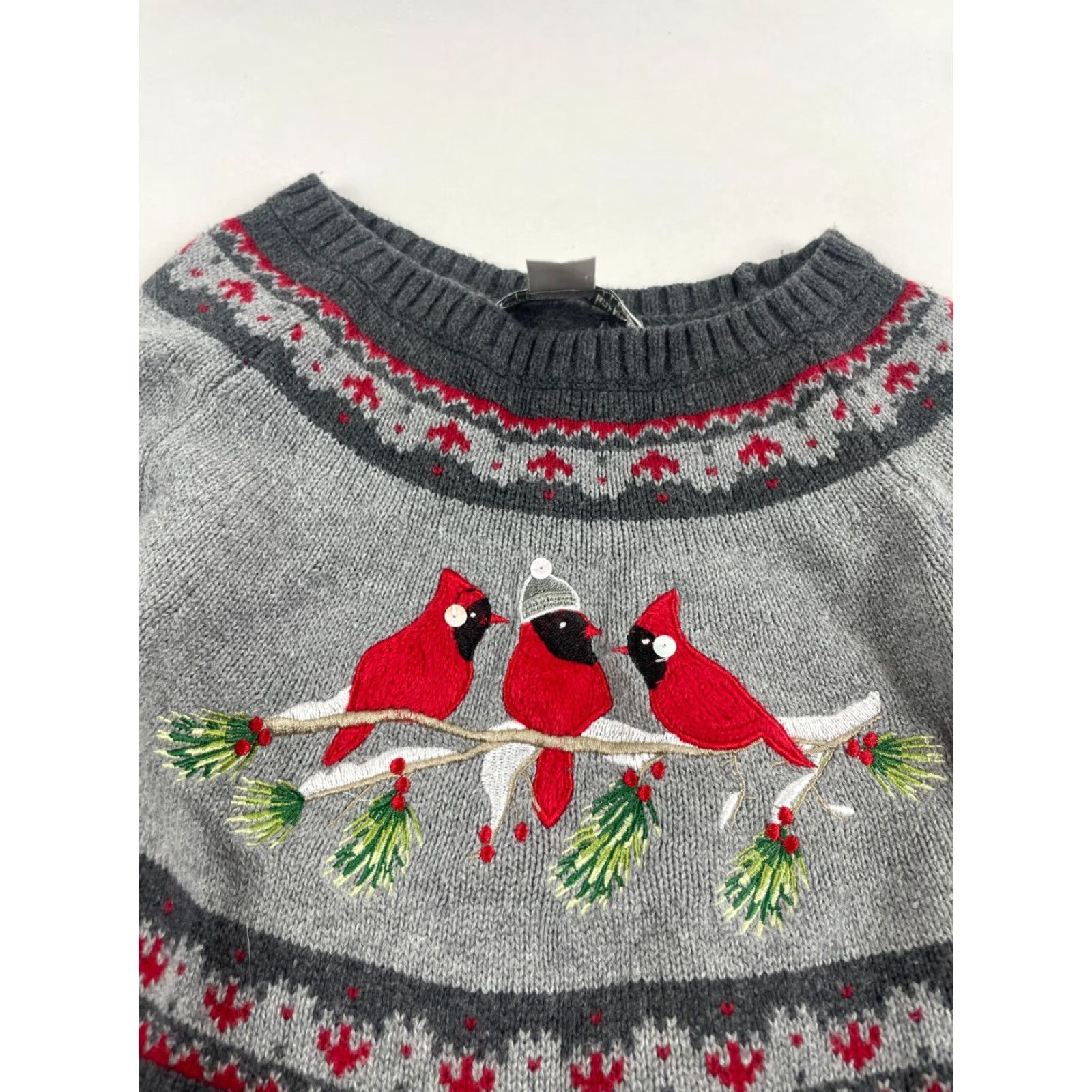 Vintage Christopher & Banks Sweater Women's Size Small Gray Mock Neck Red Cardinal Bird Pullover Long Sleeve Knit Shirt Size S / US 4 / IT 40 - 3 Thumbnail