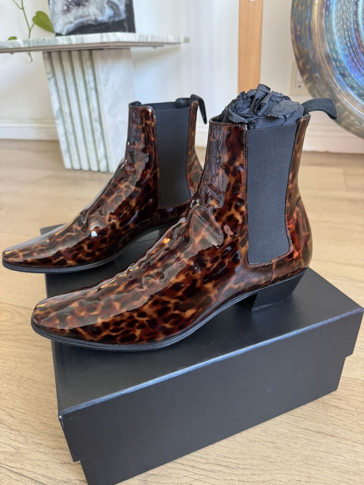 Saint Laurent Paris Dylan Tortoise Patent Chelsea Boots Size US 8 / EU 41 - 2 Thumbnail