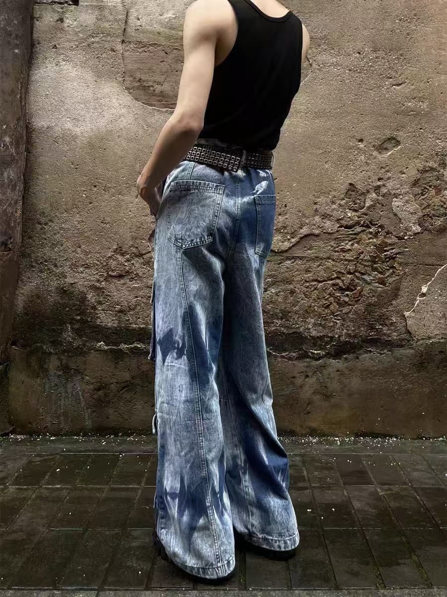 Vintage Multi-Pocket Tie-Dye Gradient Work Jeans