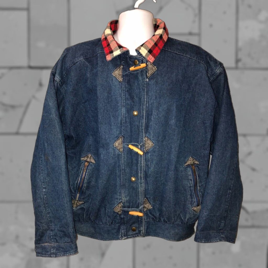 Denime Pan Asia Mens Plaid Jean Jacket L Blue Denim Snap Button Front Lined Size US 33 - 1 Thumbnail