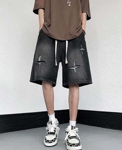 Japanese Brand × Jean Black Star Embroidered Washed Ripped Denim Shorts Size US 32 / EU 48 - 4 Thumbnail