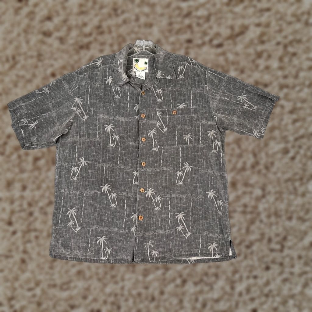 Vintage Banana Cabana Shirt Men Medium Gray Palm Tree 100% Silk Hawaiian Button Up Size US M / EU 48-50 / 2 - 1 Thumbnail