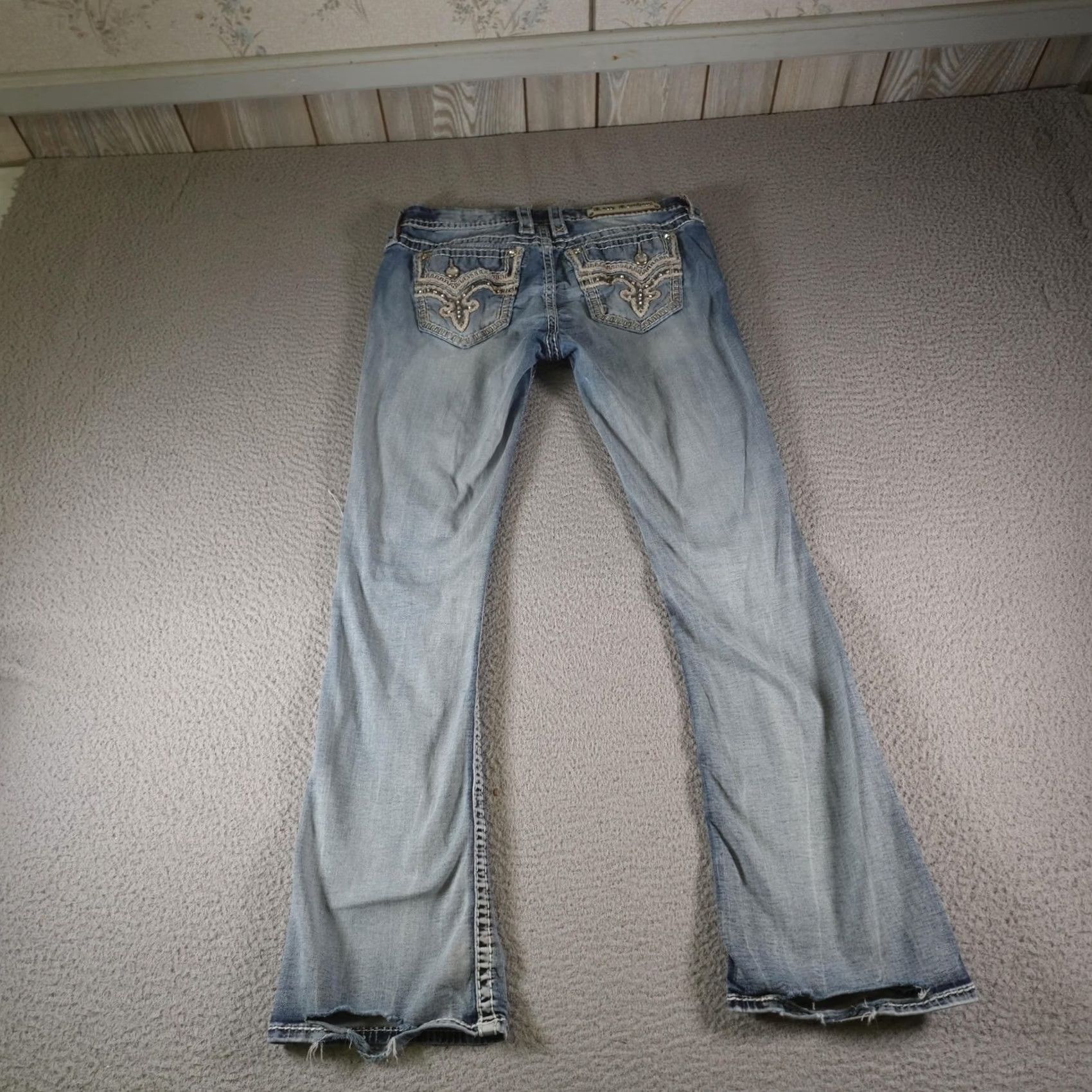 Vintage VINTAGE Rock Revival Jeans Bootscut 29x31 Womens Blue Distressed Rhinestone Embroidered Sequin Studded Denim Size 29" - 7 Thumbnail