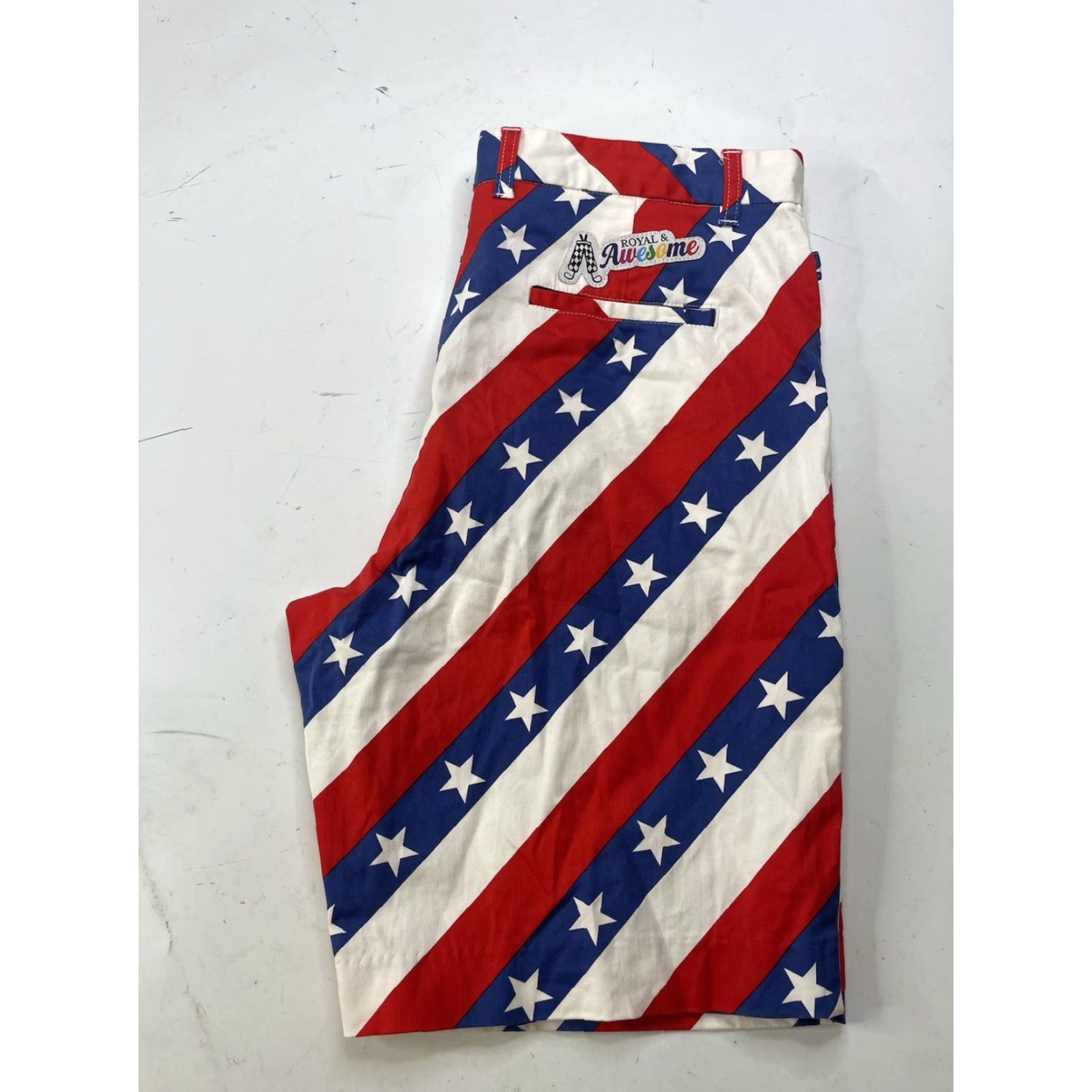Vintage Royal & Awesome Shorts Mens 34 Red White Blue Stars Stripes Golf Chino Patriotic Blue Size US 34 / EU 50 - 7 Thumbnail
