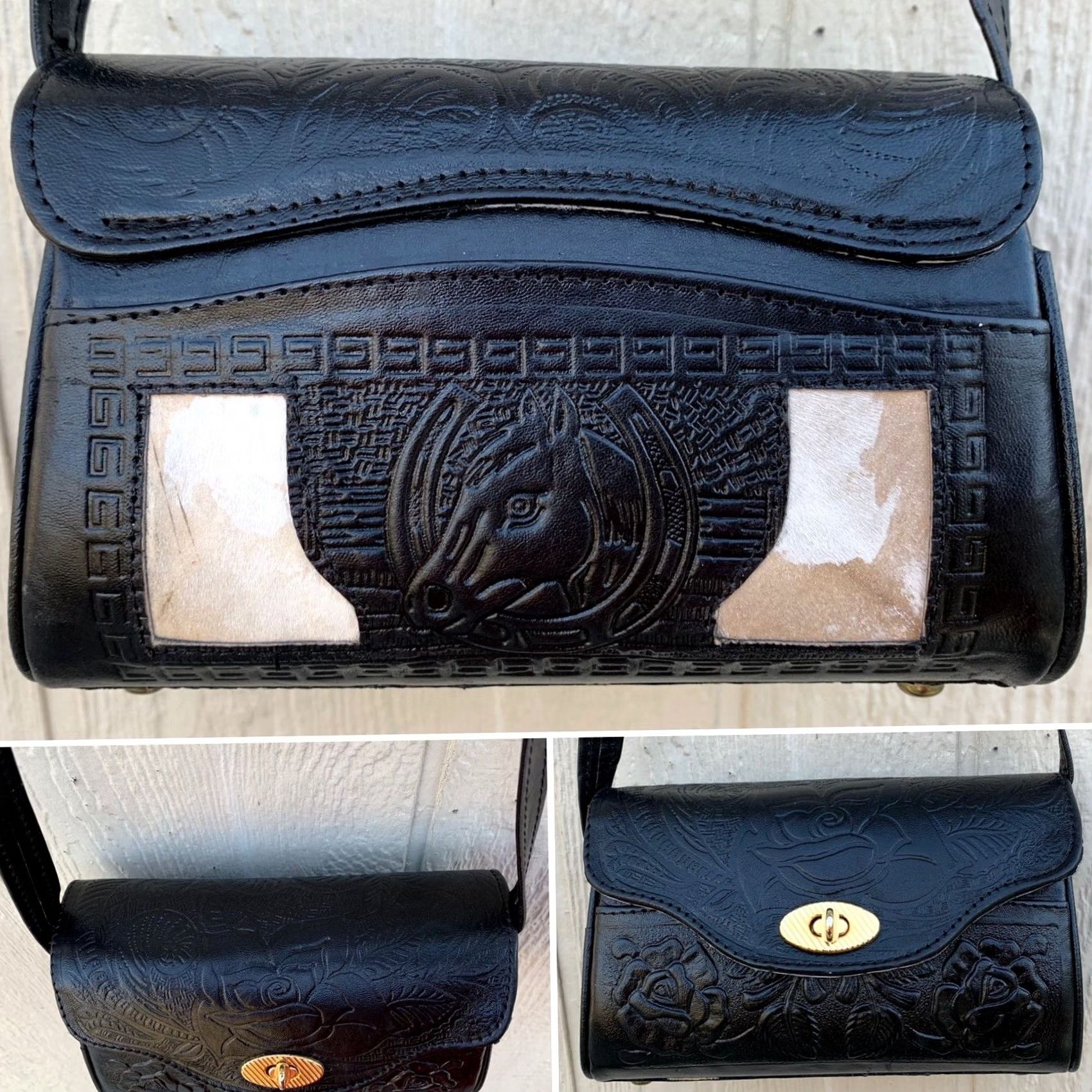 Vintage VINTAGE Tooled Leather Purse Shoulder Bag Crossbody Black W/ Hair On Hide Horse Floral - Hecho In Mexico Women Bag Size ONE SIZE - 2 Thumbnail