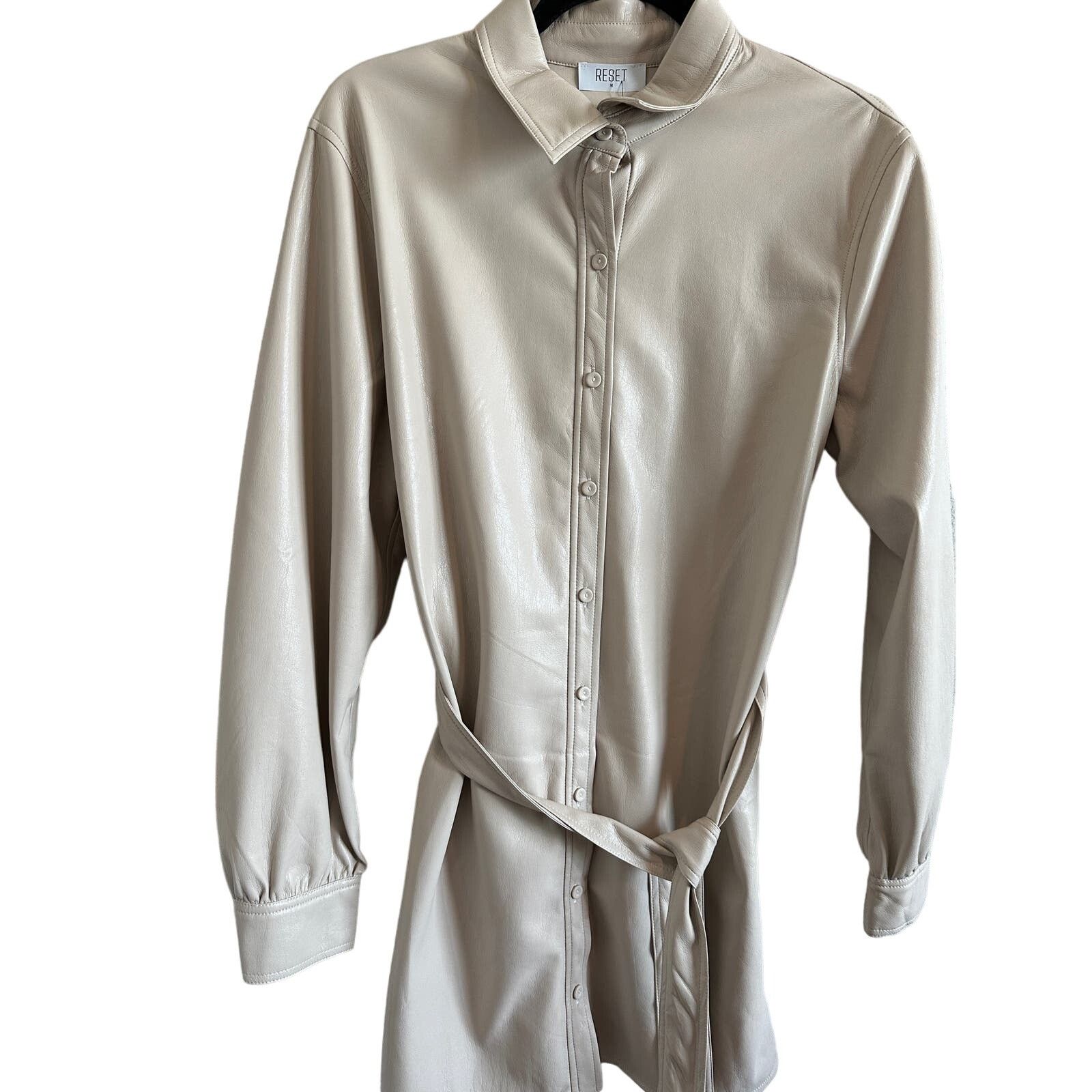 Other Reset Medium Cream Faux Leather Button Down Tie Waist Dress Size M / US 6-8 / IT 42-44 - 5 Thumbnail