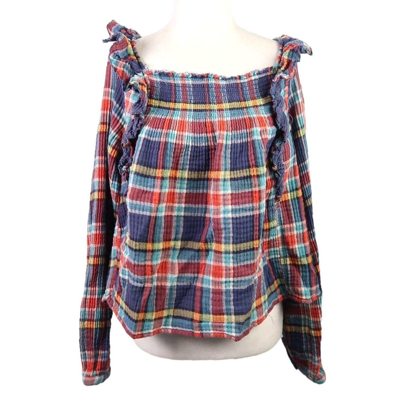 Free People Free People Siena Navy Blue and Red Plaid Ruffle Pullover Top L Women Long Sleeve Square Neck Casual Blouse Shirts Autumn Fall? Size L / US 10 / IT 46 - 2 Thumbnail