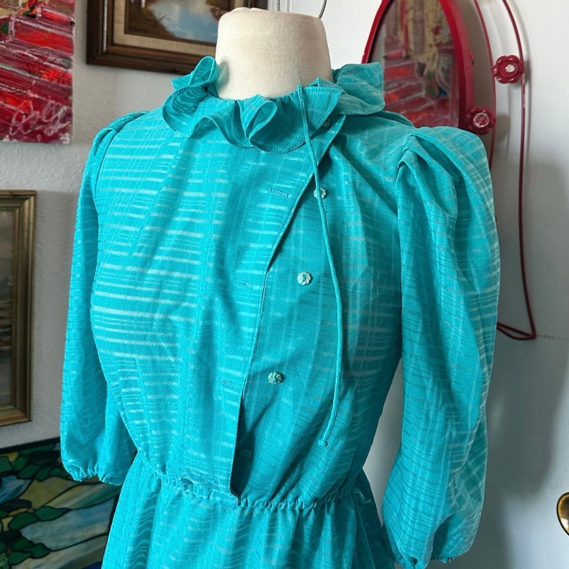 Handmade handmade blue turtleneck long sleeve vintage dress Size S / US 4 / IT 40 - 2 Thumbnail