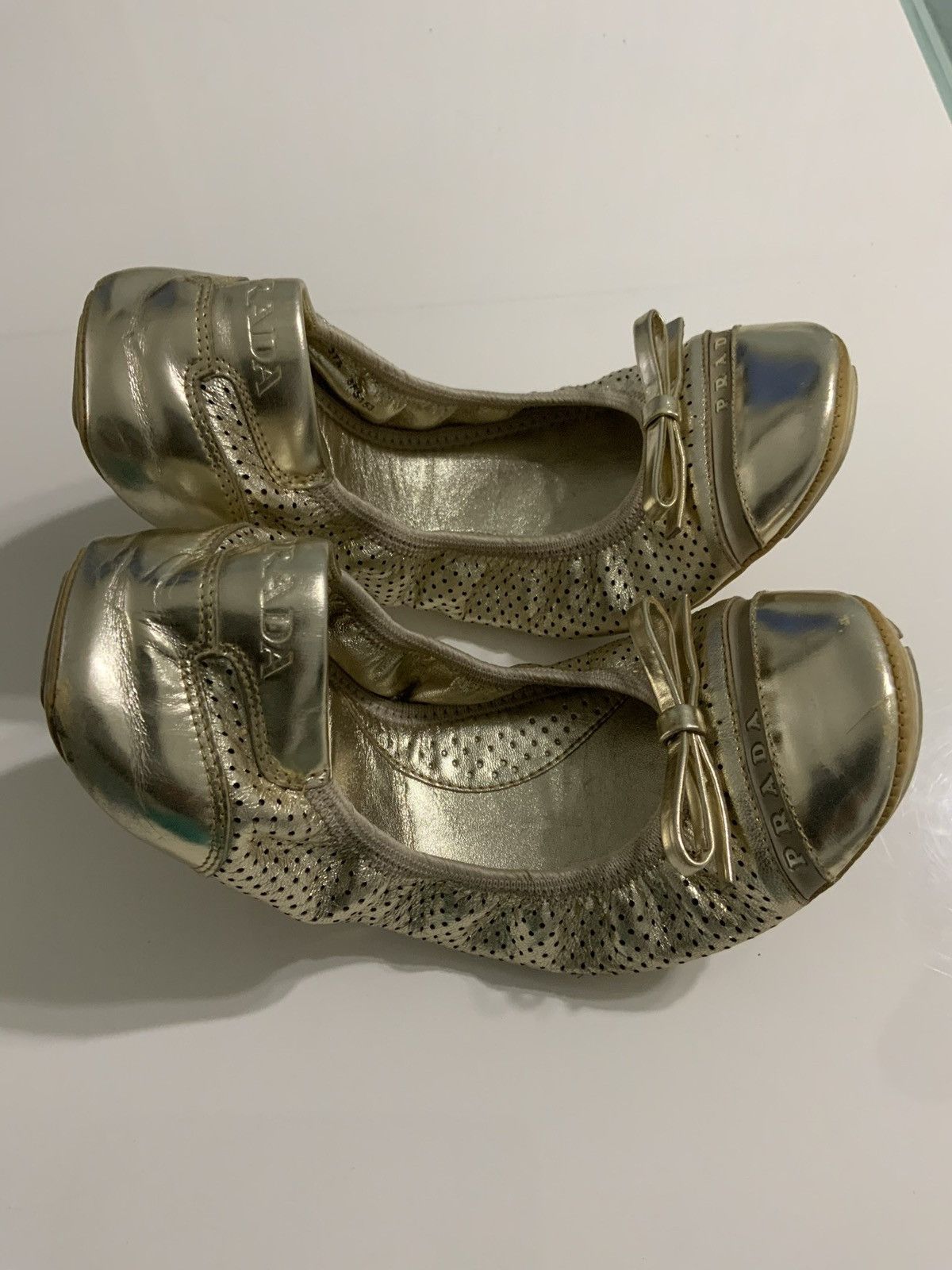 Prada PRADA Women's Metallic Gold flats ballerinas Size US 7 / IT 37 - 3 Thumbnail