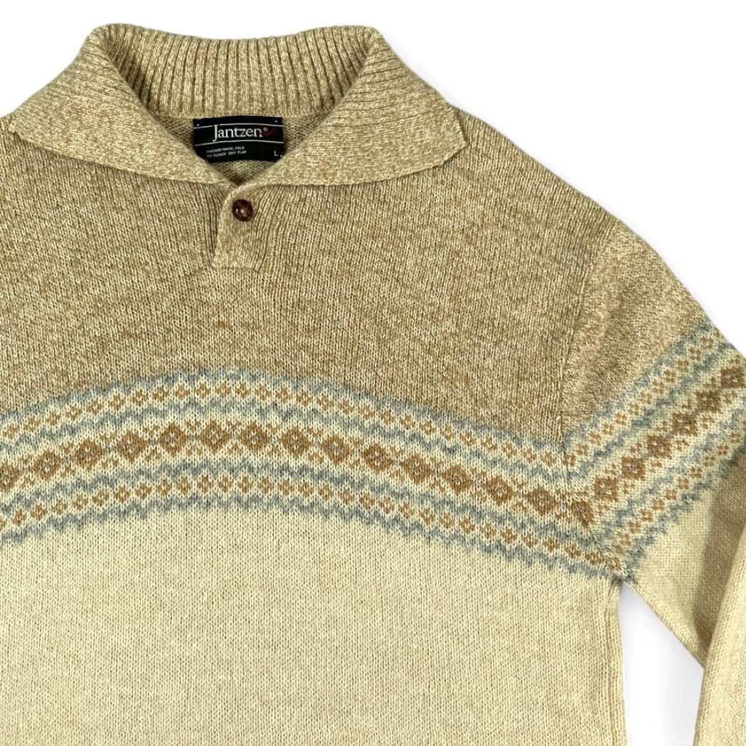 Jantzen VINTAGE Jantzen Sweater Knit Fair Isle Mock Neck Mens Adult MEDIUM Brown Cream 70s Pullover Long Sleeve Buttons Size US M / EU 48-50 / 2 - 2 Thumbnail