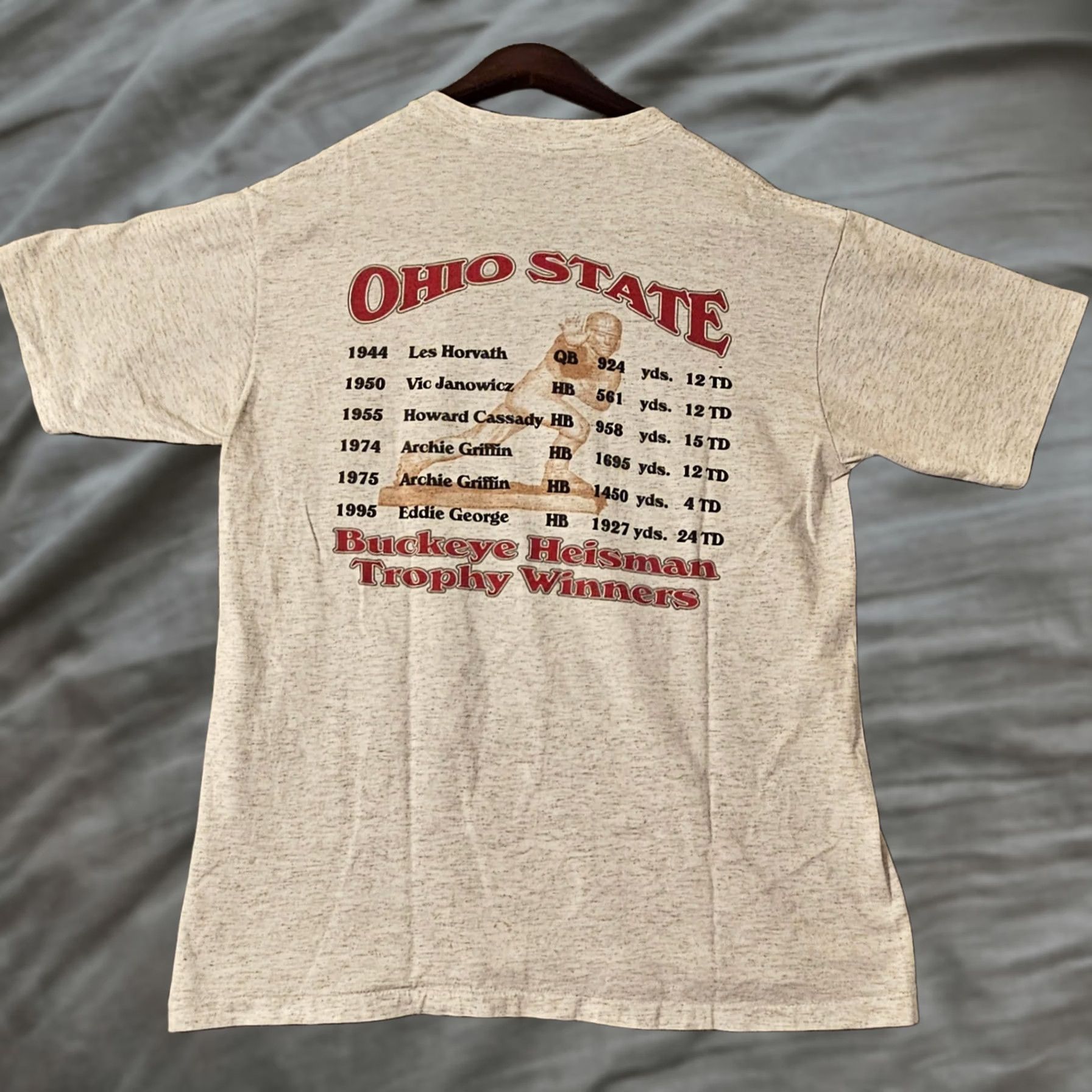 Vintage VINTAGE Oneita Ohio State Buckeyes Heisman Trophy Winners T-Shirt Mens Large Gray 1990s Osu Sportswear Graphic Tee Mens Size US L / EU 52-54 / 3 - 1 Thumbnail