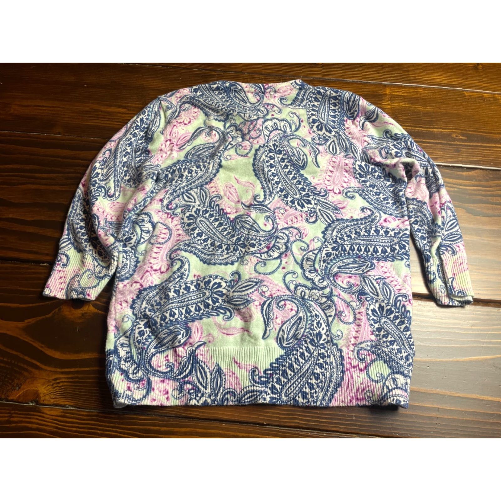 Croft & Barrow Croft&Barrow Sweater Women PS Petite Mint Blue Purple 3/4 Sleeve Paisley Crew Neck Cardigan Fall Winter Spring Casual Womens Size S / US 4 / IT 40 - 2 Thumbnail