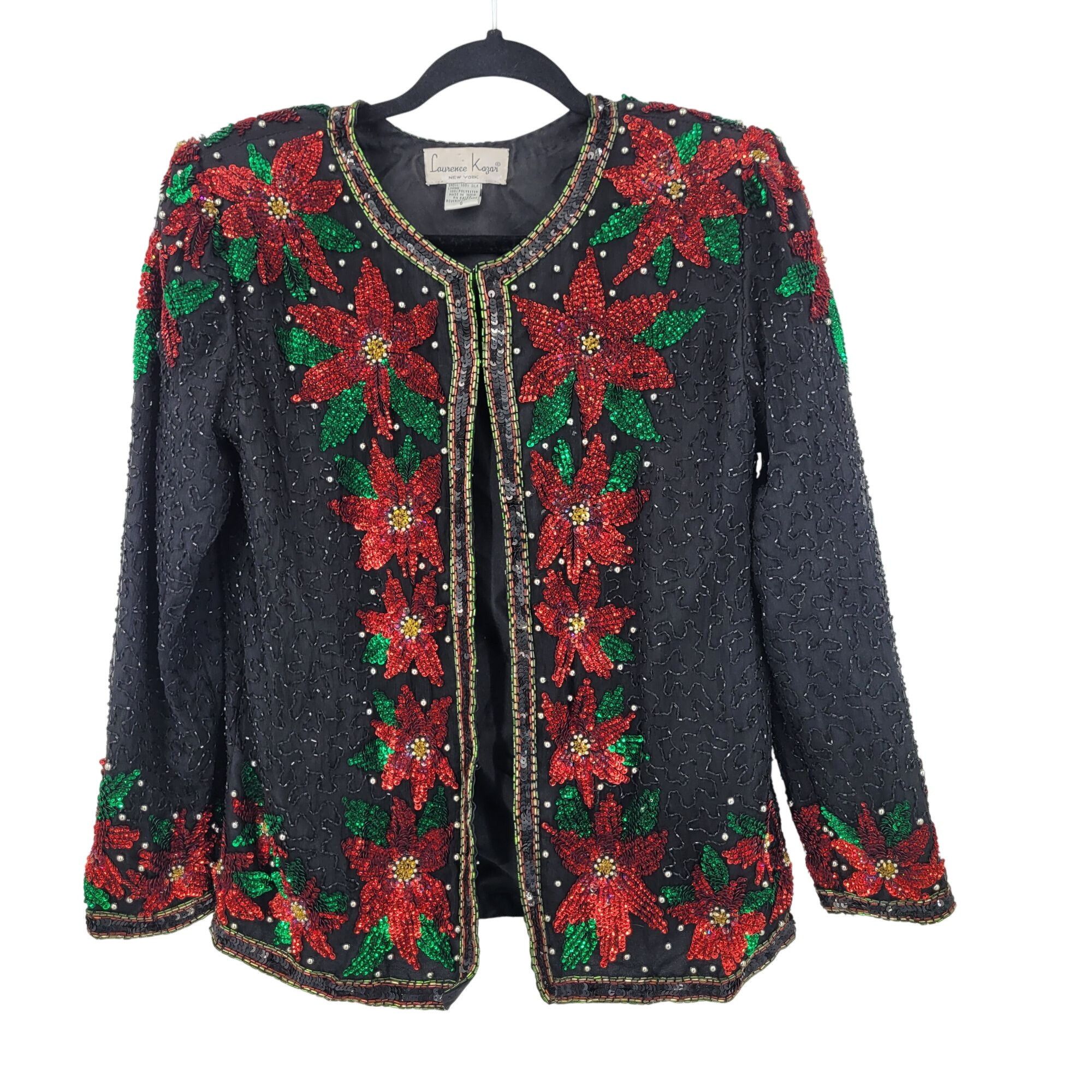 Vintage Vtg 80s Black Silk Red Poinsettia Beaded Jacket Cardigan Sz Size S / US 4 / IT 40 - 10 Thumbnail
