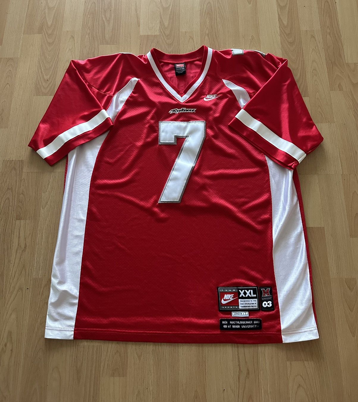 Image of NCAA x Nike Vintage 2003 Nike Roethlisberger Miami Football Jersey 7 in Red, Men's (Size 2XL)