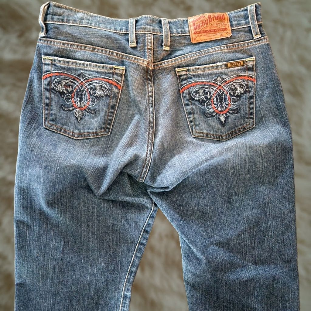 Lucky Brand VINTAGE Lucky Brand Jeans Womens 8 / 29 Embroidered Pockets Wide Leg Blue Y2K Mens? Size 30" / US 8 / IT 44 - 1 Thumbnail