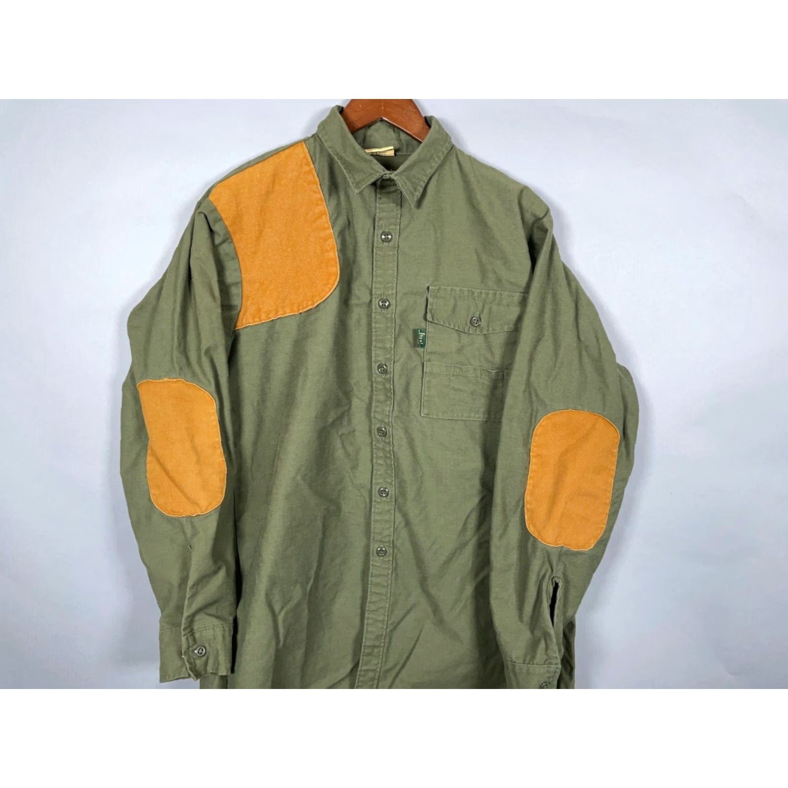 IDEA VINTAGE Ideal Shooting Shirt Men XL Green Brown Twill Canvas Shoulder Elbow Patches 80s USA Mens Size US XL / EU 56 / 4 - 2 Thumbnail